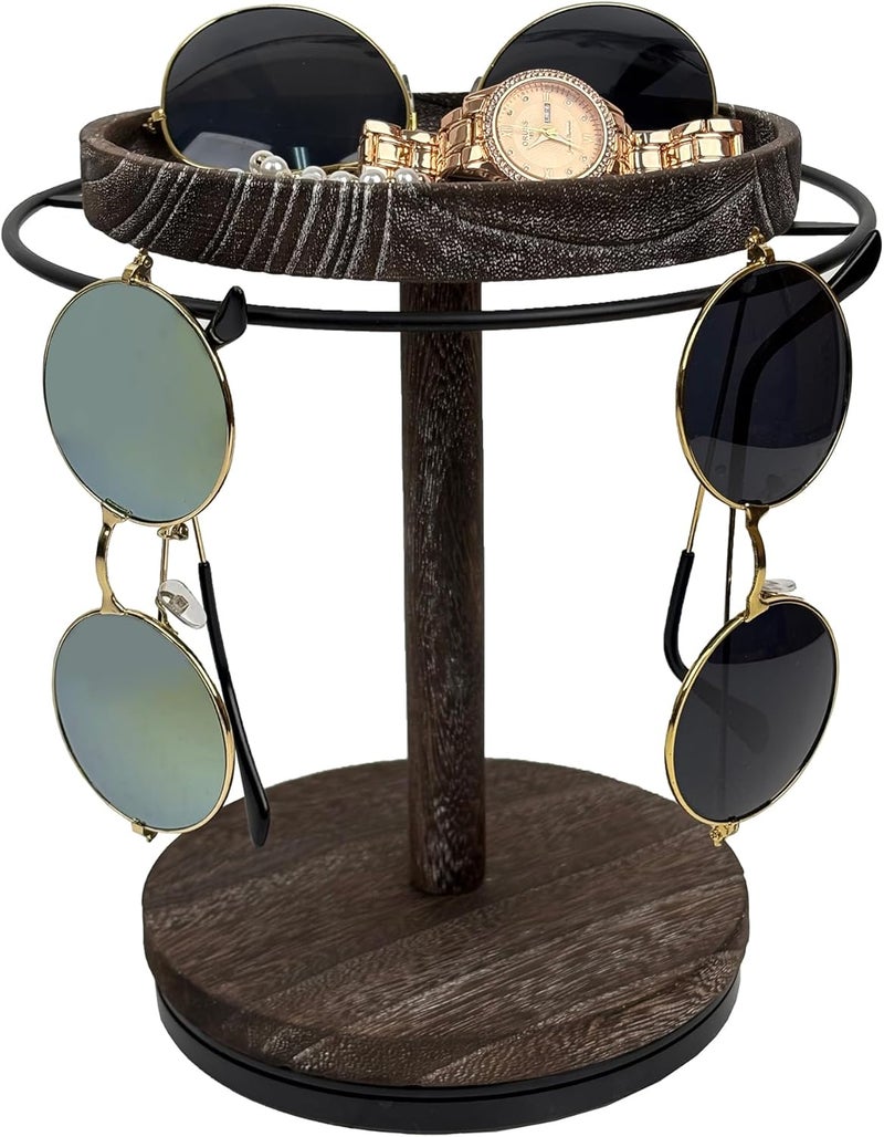 LingLingo Sunglasses Organizer 360° Rotating Eyeglass Holder Stand with Wood Tray and Base, Eye Glass Display Rack for Multiple Sunglass Storage for Table Dresser Nightstand Desk (Retro Coffee) - Image 1
